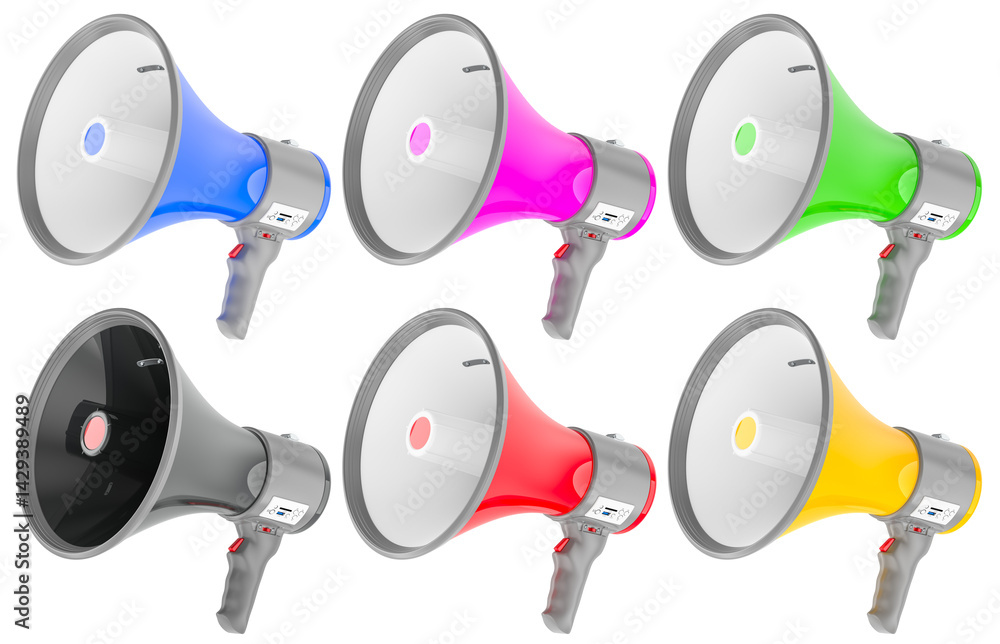 Poster set of colored megaphones, 3d rendering isolated on transparent background