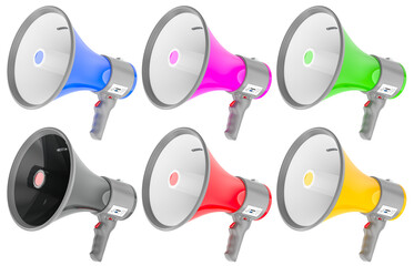 Naklejka premium Set of colored megaphones, 3D rendering isolated on transparent background