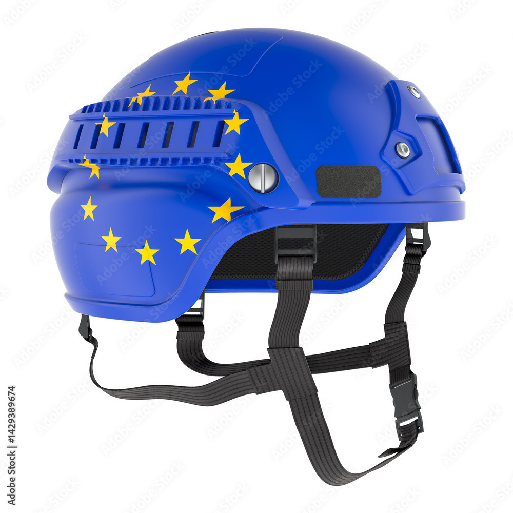 Poster the european union military force, concept. combat helmet with the eu flag. 3d rendering isolated on