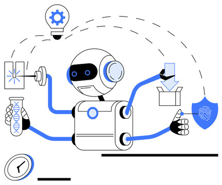 Robot with multiple arms conducting scientific research, completing tasks such as security enhancement, packaging, and idea generation. Ideal for science, automation, technology, innovation