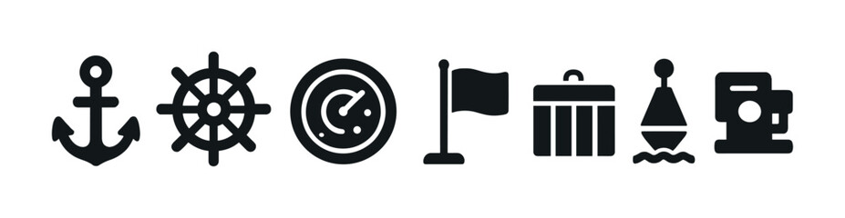 Obraz premium Nautical solid icon set – flat style marine, maritime, and ocean symbols for seafaring adventures: anchor, ship wheel, compass, flag, trash bin, buoy, sewing machine