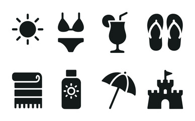 Summer beach essentials icon set – solid style sun, vacation, leisure symbols for holiday planning: sun, bikini, cocktail, flip-flops, towel, sunscreen, umbrella, sandcastle
