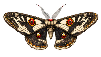 A large black and white butterfly with red eyes
