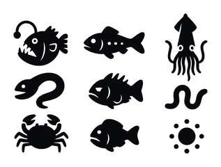 Obraz premium Marine life silhouette icons set – solid style ocean creatures and sea wildlife symbols for aquatic-themed designs: anglerfish, squid, eel, crab, fish, octopus, wave