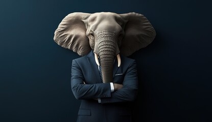 Surreal human-elephant hybrid in dark blue suit with crossed arms against monochrome background.