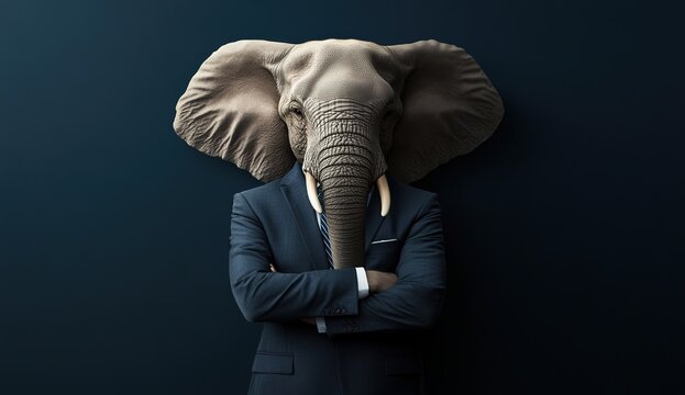 Surreal human-elephant hybrid in dark blue suit with crossed arms against monochrome background.