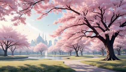 Cherry Blossom Park in Spring with Soft Pastel Colors