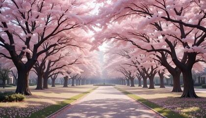 Cherry Blossom Park in Spring with Soft Pastel Colors