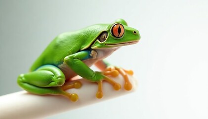Obraz premium Green tree frog perched on white, vibrant skin, macro, amphibian