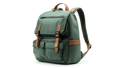Contemporary green backpack with graphic geometric patterns, ergonomic design, and multiple zippered pockets, isolate on white background