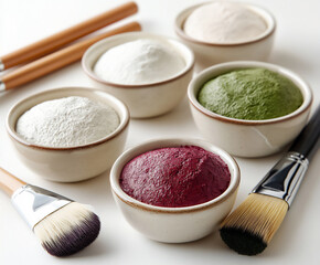 collection of ø§ùøø§ù clay masks in ceramic bowls,