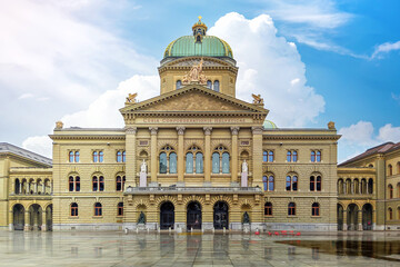 Iconic Renaissance Revival architecture of the Federal Palace in Bern, Switzerland's seat of...