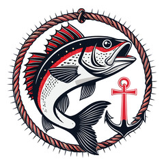 Create a vibrant illustration of a fish with a bold, traditional tattoo-style design incorporating an anchor within a stylized nautical-themed bowl.