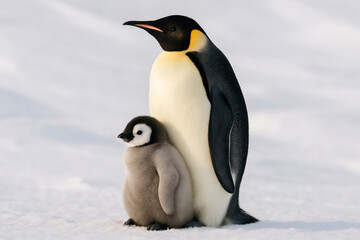 Fototapeta premium An Emperor penguin stands tall in the snow beside its fluffy gray chick, showing warmth and family connection in the cold. Adult penguin standing beside baby chick
