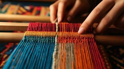 Close-up of hands weaving bright fabric