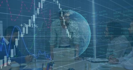 Group of four men reviewing financial data on laptop, overlaying holographic globe and stock charts - Powered by Adobe