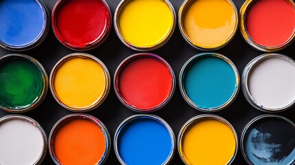 Different colors of paints in cans or colorful paint