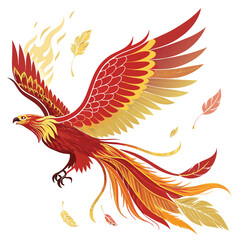 Obraz premium A majestic, phoenix-like firebird with vibrant plumage soars gracefully through a dramatic sunset sky, its wings outstretched. Render in high detail.