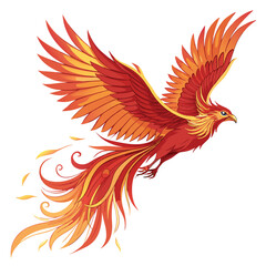 A majestic, phoenix-like bird, engulfed in flames, soars gracefully through a vibrant sunset sky.  Render in realistic detail.