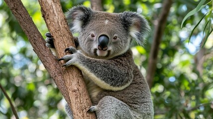 Obraz premium Adorable koala clinging to tree trunk in lush forest