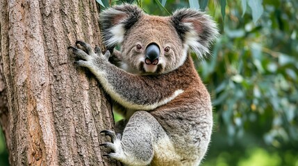 Naklejka premium Adorable koala clinging to tree trunk in lush greenery