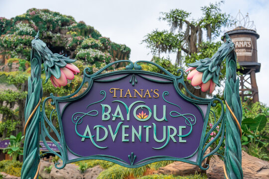 Sign for the Tiana's Bayou Adventure log flume ride.Image taken Dec 18th 2024