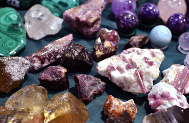 Natural unprocessed pink tourmaline crystals. Semi-precious natural stones at the stone exhibition...