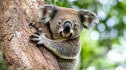 Obraz premium Adorable koala clinging to tree trunk wildlife photography