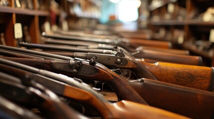 Antique rifles displayed in a row, historical firearms, vintage collection, wooden stock, iron barrel, gun store, rack of guns