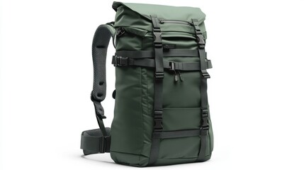 Graphic green backpack with sleek lines, adjustable straps, and breathable back support, isolate on white background