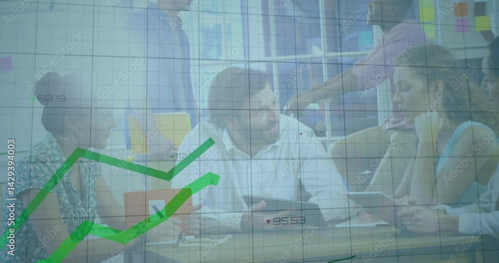 Poster business team collaborating around table, displaying animated grid chart with tablet and laptops