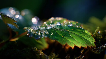 Dew-Covered Leaf Sparkling in Morning Light
