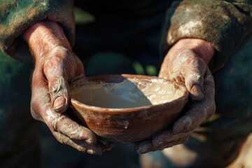 A potter's hands, weathered and clay-covered, gently cradle a newly formed bowl, showcasing the artistry and patience of the craft.