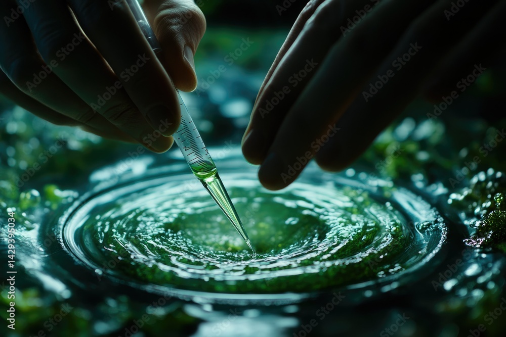 Poster close-up of gloved hands using a pipette to add a green liquid to a petri dish with algae.
