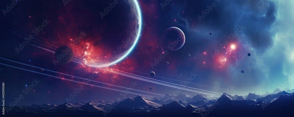 Poster cosmic landscape with planets, moons, and celestial objects over mountain range. space exploration c