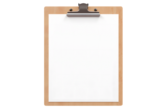 Wooden clipboard with blank paper isolated on transparent background