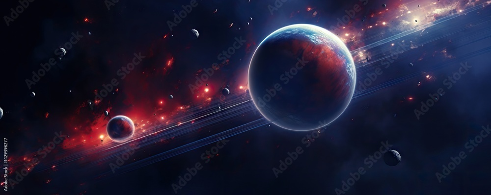 Poster cosmic scene with planets and celestial bodies in deep space. artistic representation of extraterres