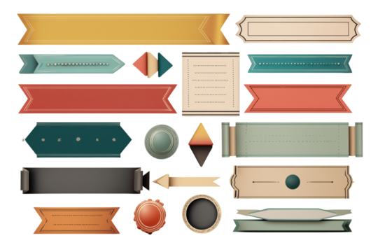 Bunte dekorative Banner und Etiketten im Vintage-Stil PNG mit transparentem Hintergrund

