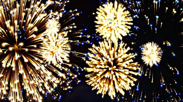 Bright fireworks explode in the night sky, displaying blue and white colors. Sparks scatter around. The burst formations create symmetrical patterns, illuminating the darkness.