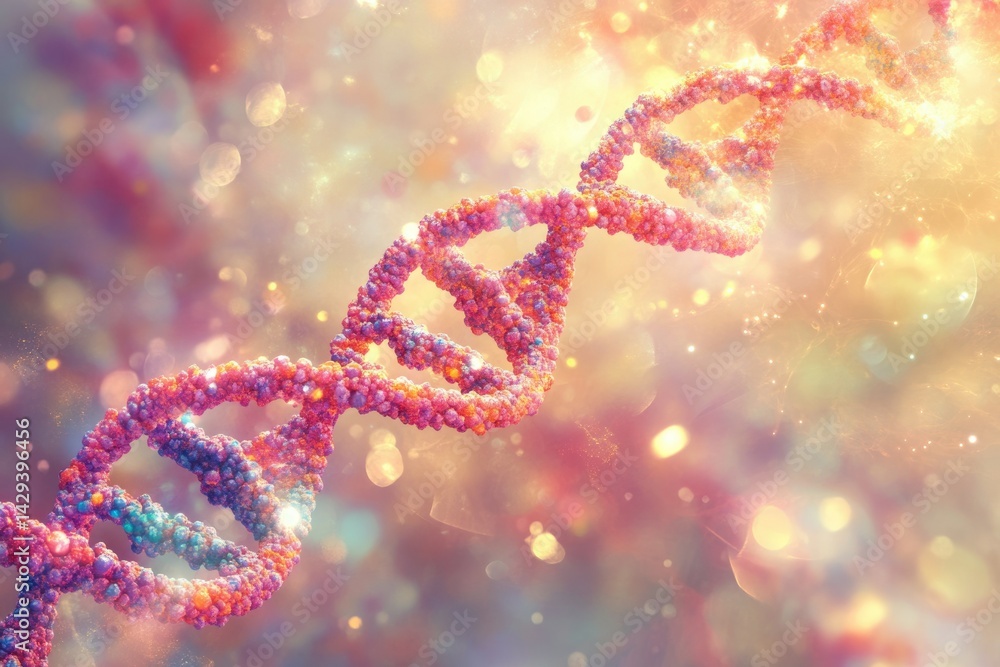 Poster a vibrant depiction of a dna double helix, showcasing its intricate structure and genetic code.