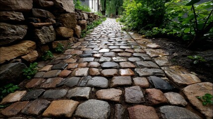 Serene stone pathway leading through lush greenery