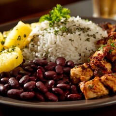 Traditional Brazilian Feijoada Plate with Rice, Beans, Chicken, and Pineapple