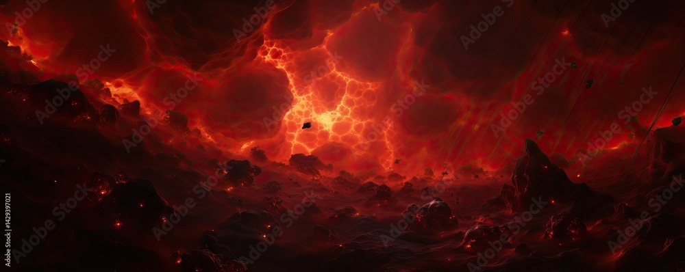 Poster fiery cosmic nebula with swirling red clouds and glowing plasma. celestial phenomenon in deep space.