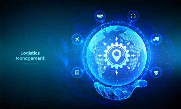 Logistics management. Smart logistics and transportation technology concept. Logistic global network distribution. Business of transport industrial. Earth planet globe in hand. Vector illustration.