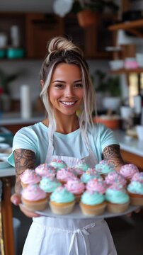 Blonde woman with arm tattoos proudly displaying homemade pastel toned muffins in a cozy kitchen
