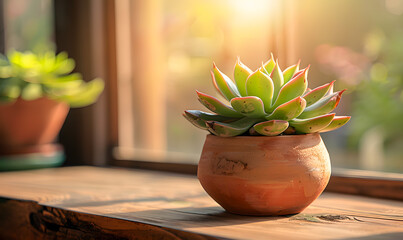 A small green succulent sits in a round clay pot on a wooden table, in sunlight against a blurred background.