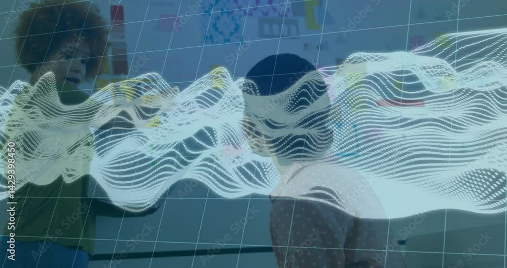 Poster women collaborating in tech office, displaying data-wave overlay with sticky notes and grid