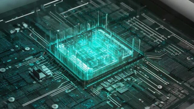 Glowing circuit board showing a processor chip with intricate wiring, illuminated data transmission, futuristic digital landscape and advanced technology
