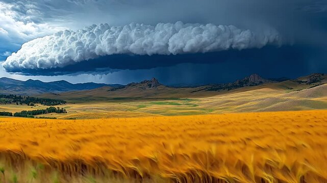 Majestic Stormy Landscape: Golden Wheat Field Under a Dramatic Arcus Cloud