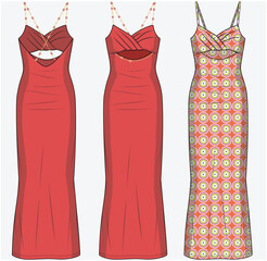 FIT AND FLARE MAXI DRESS WITH PLEATED FRONT AND CUT OUT DETAIL DESIGNED FOR YOUNG WOMEN AND WOMEN IN VECTOR FILE